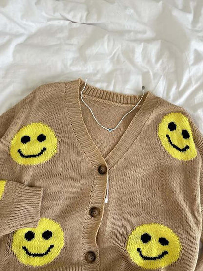 Smiley Face Long Sleeve Loose Knit Cardigan | NCS