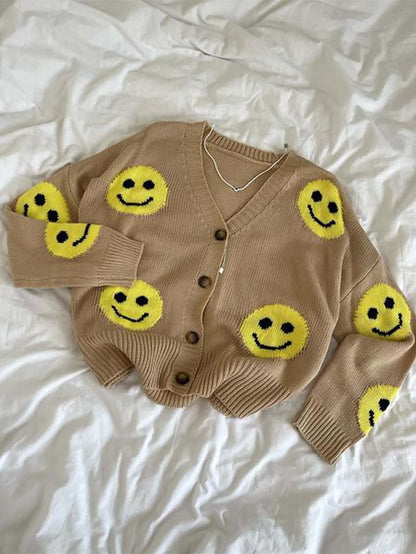 Smiley Face Long Sleeve Loose Knit Cardigan | NCS