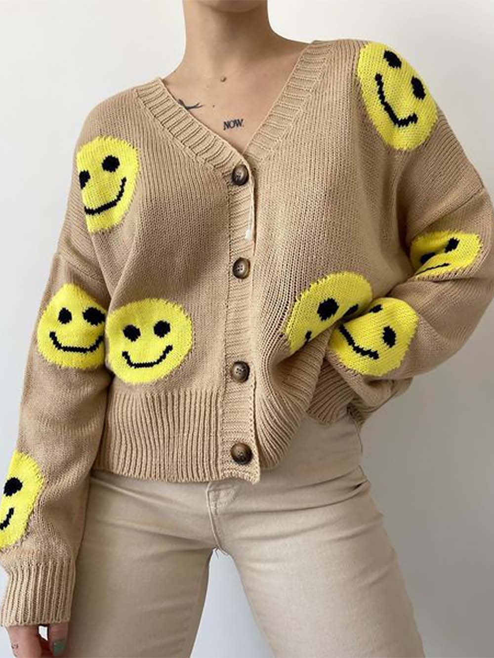 Smiley Face Long Sleeve Loose Knit Cardigan | NCS