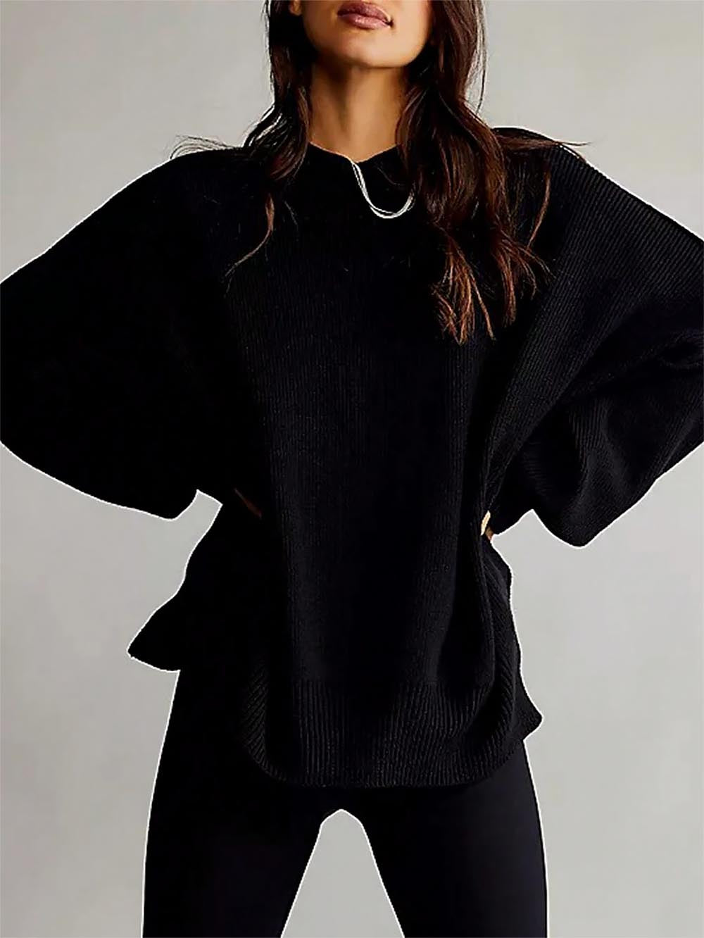 Solid Drop Shoulder Split Hem Sweater | NCS