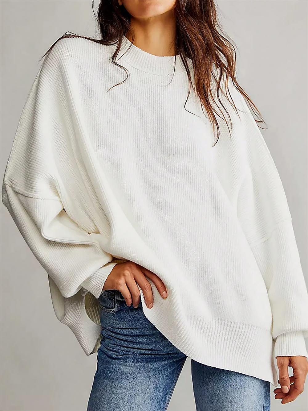 Solid Drop Shoulder Split Hem Sweater | NCS