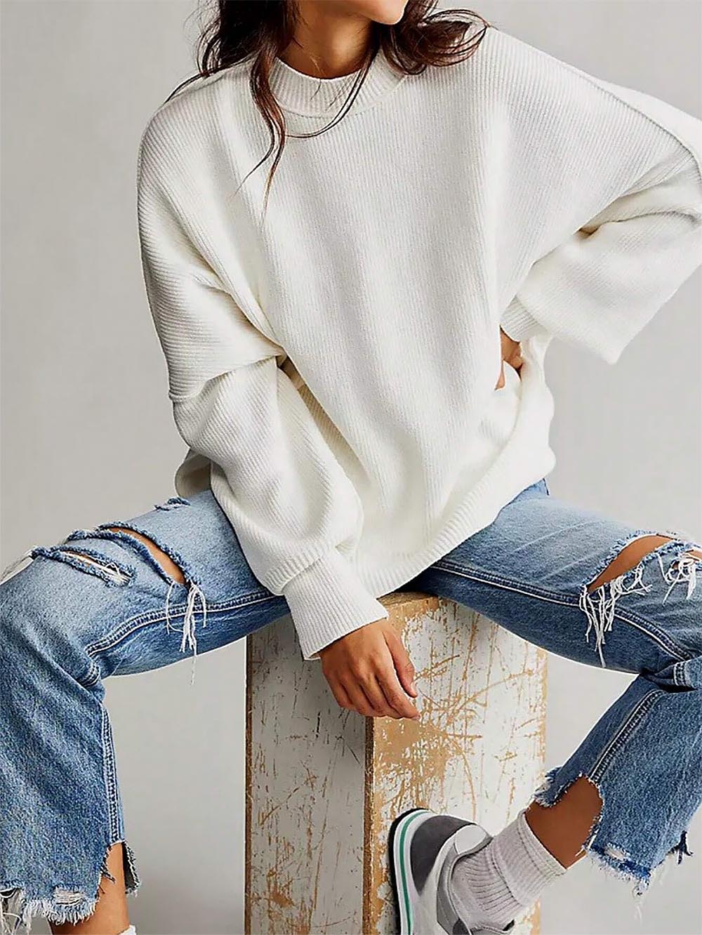 Solid Drop Shoulder Split Hem Sweater | NCS