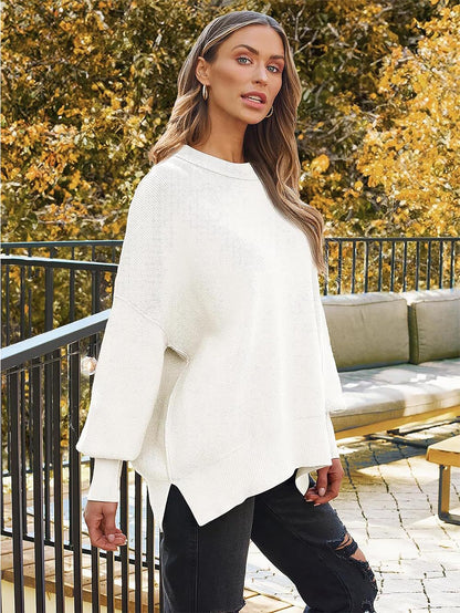 Solid Drop Shoulder Split Hem Sweater | NCS