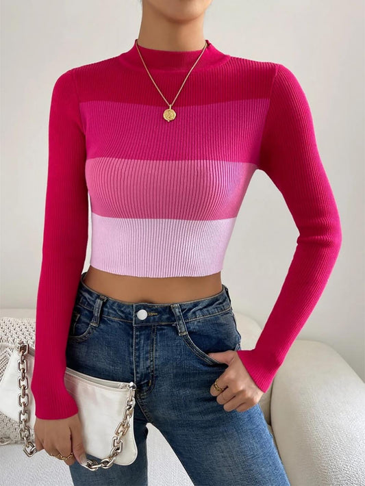 Spring/Fall Short Exposed Midriff Striped Slim Fit Knit Sweater | NCS