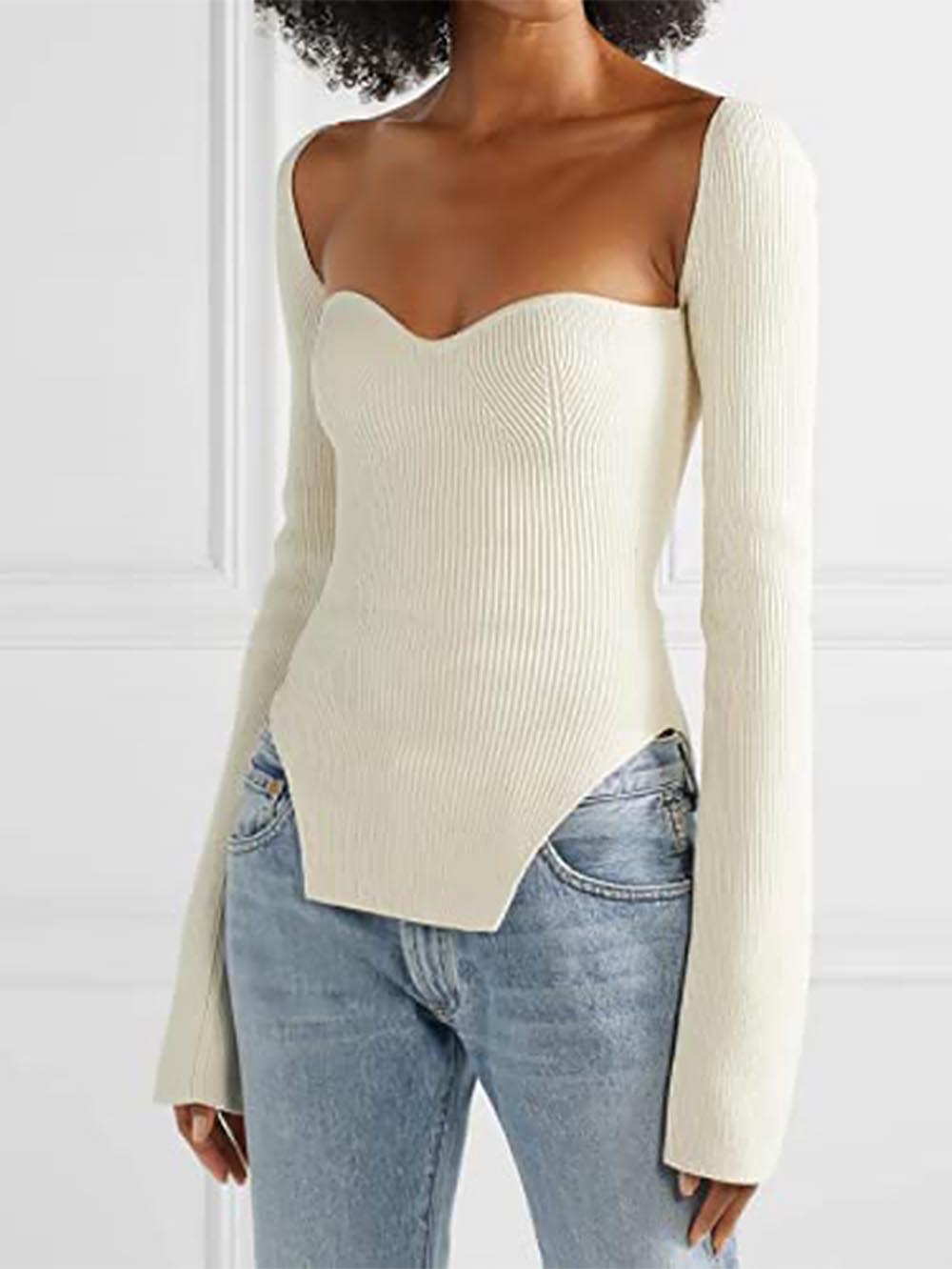 Square Collar Irregular Long Sleeve Woman Sweaters | NCS