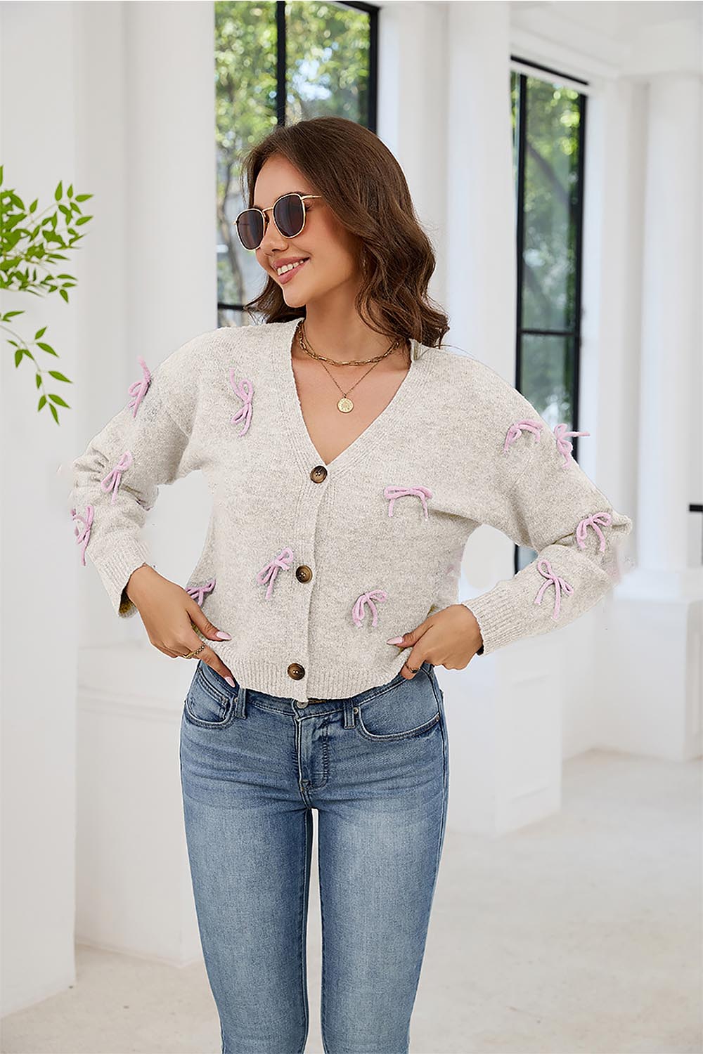 Sweet Bowknot V-Neck Knit Cardigan | NCS