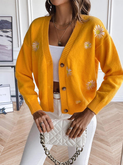 Sweet Daisy Embroidery V-Neck Loose Knit Cardigan | NCS