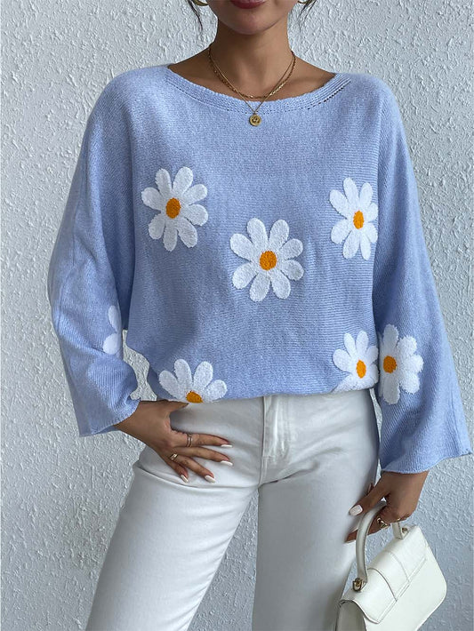 Sweet Floral Bell Sleeve Loose Knit Top | NCS