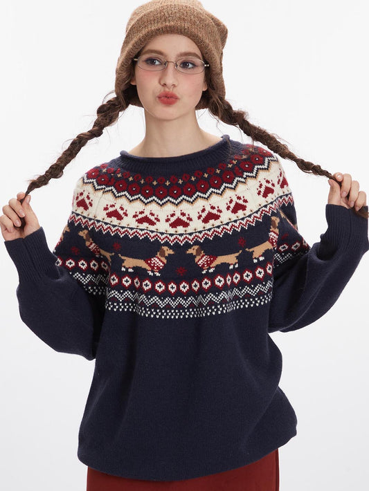 Vintage Color-Block Dachshund Paw Loose-Fit Knit Sweater | NCS