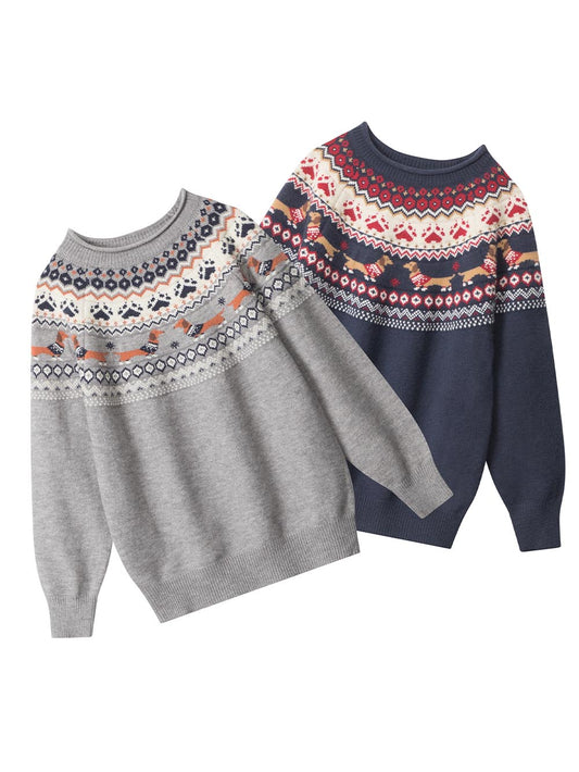 Vintage Color-Block Dachshund Paw Loose-Fit Knit Sweater | NCS