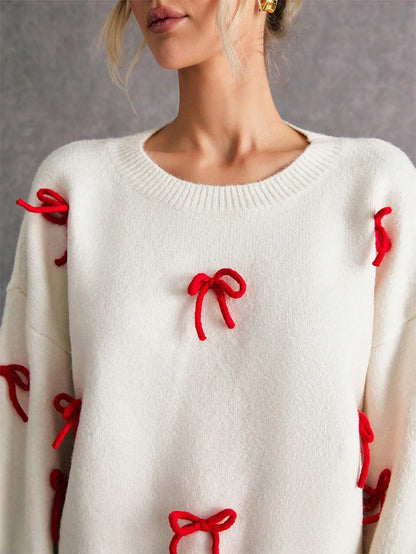 Women Cute Red Bow Decor Christmas Sweater | NCS