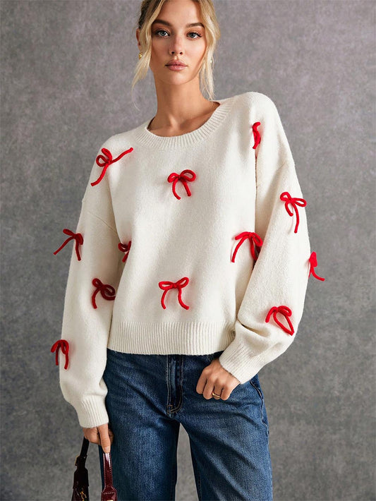 Women Cute Red Bow Decor Christmas Sweater | NCS