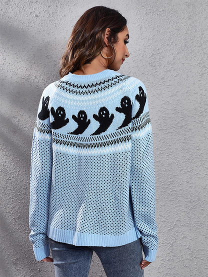 Women's Halloween Ghost Vintage Polka Dot Long Sleeve Knit Sweater | NCS