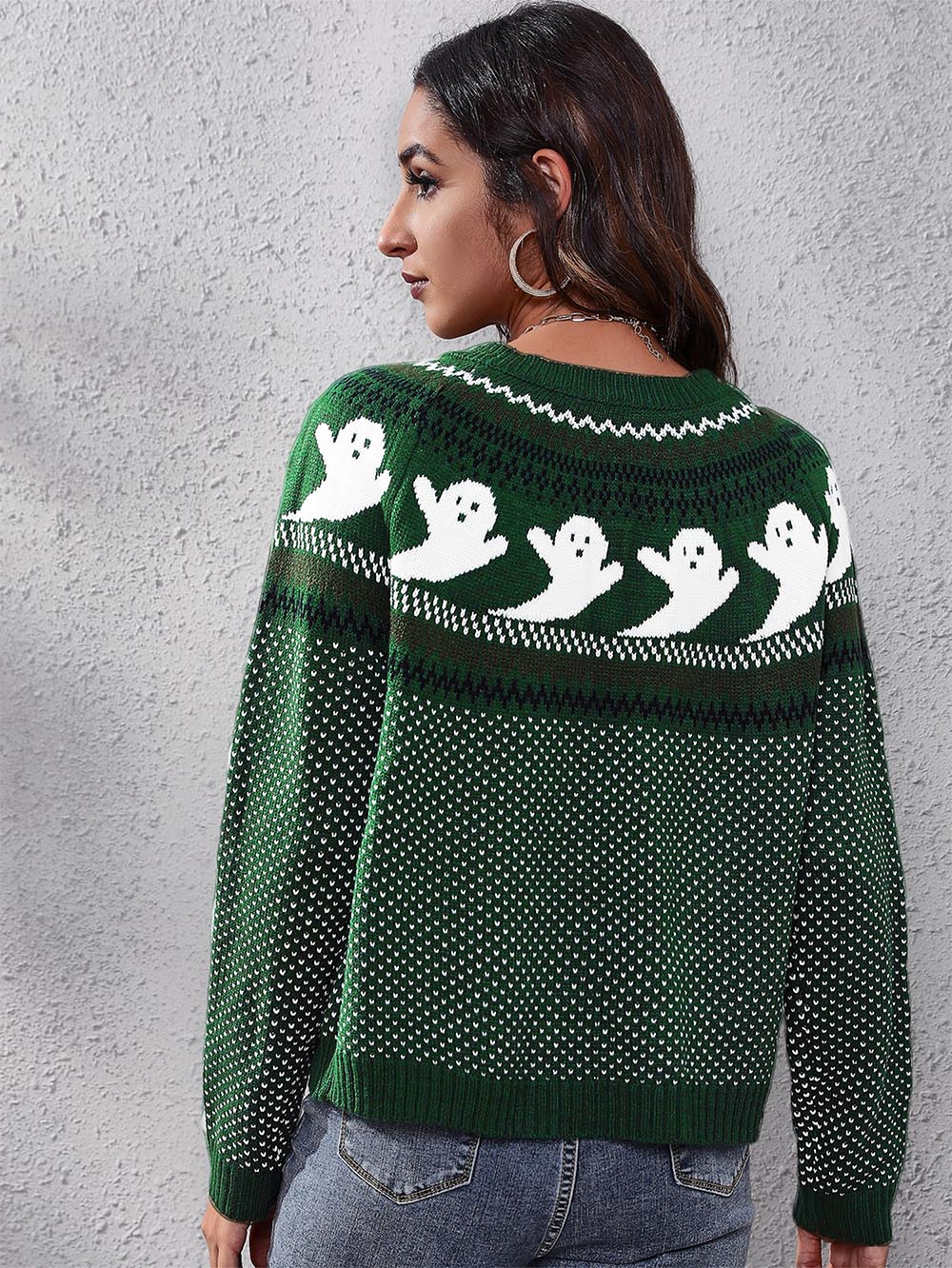 Women's Halloween Ghost Vintage Polka Dot Long Sleeve Knit Sweater | NCS