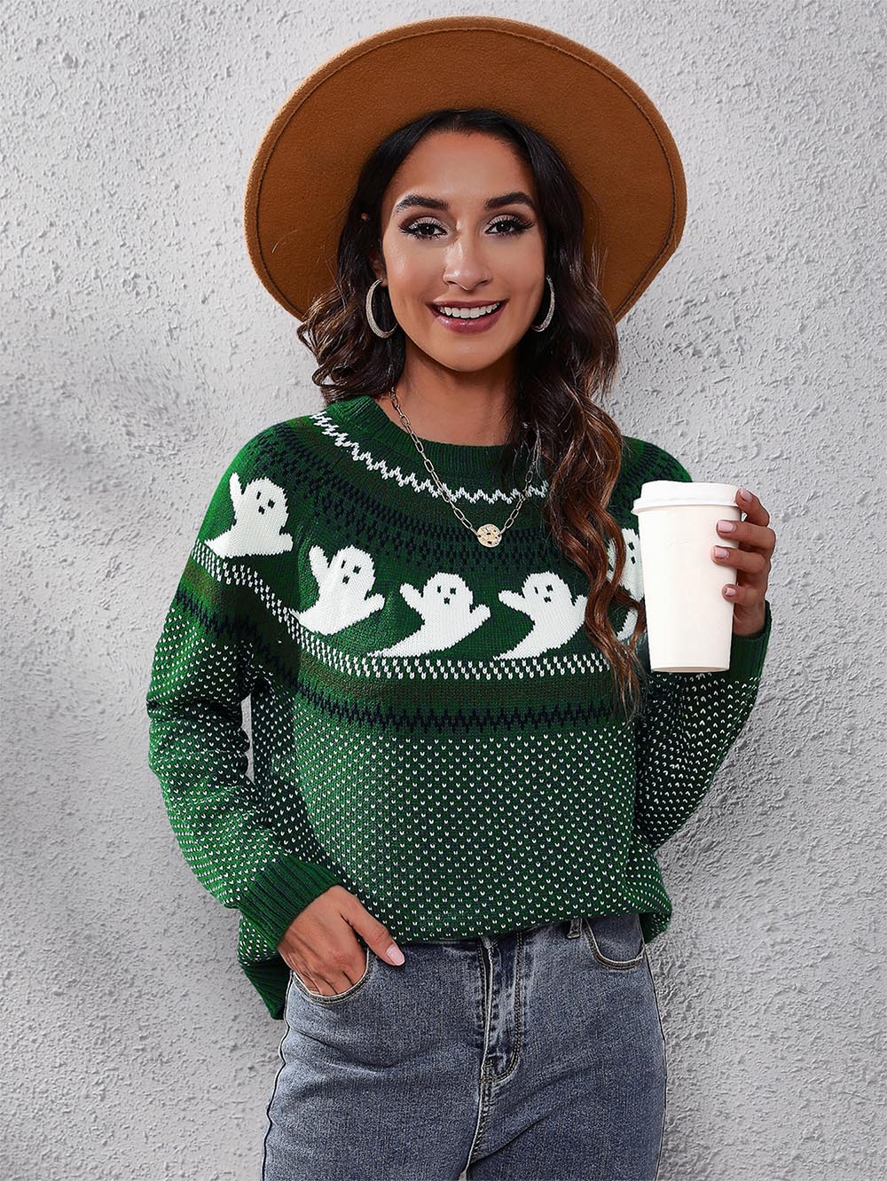 Women's Halloween Ghost Vintage Polka Dot Long Sleeve Knit Sweater | NCS