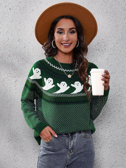 Women's Halloween Ghost Vintage Polka Dot Long Sleeve Knit Sweater | NCS