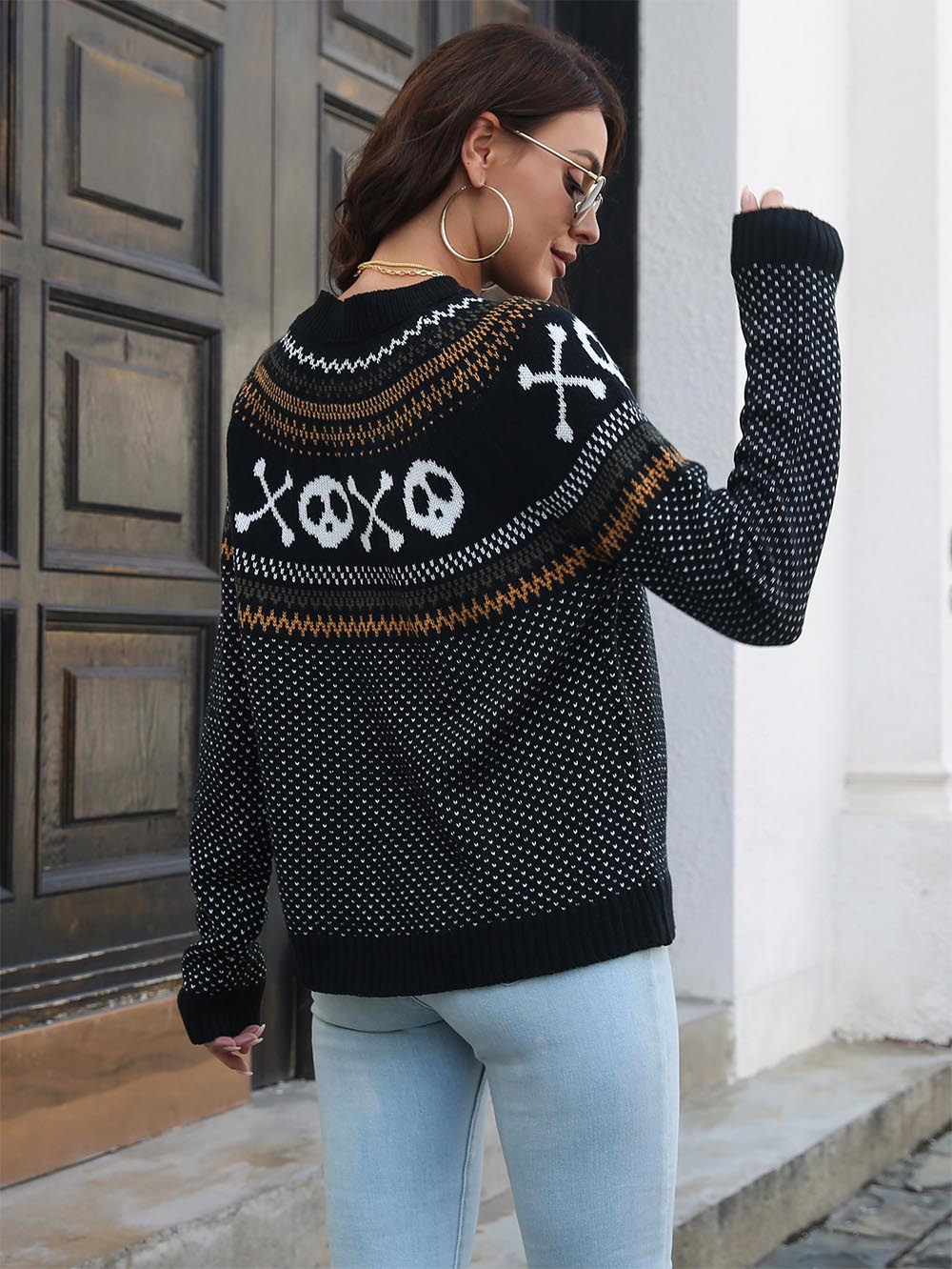 Women's Halloween Skull Vintage Long Sleeve Knit Sweater | NCS