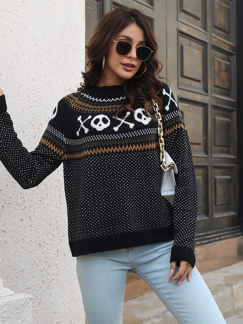 Women's Halloween Skull Vintage Long Sleeve Knit Sweater | NCS
