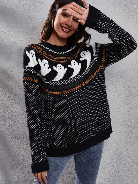 Women's Halloween Ghost Vintage Polka Dot Long Sleeve Knit Sweater | NCS
