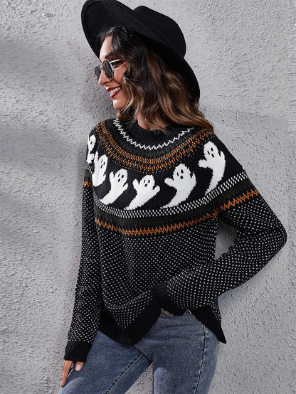 Women's Halloween Ghost Vintage Polka Dot Long Sleeve Knit Sweater | NCS