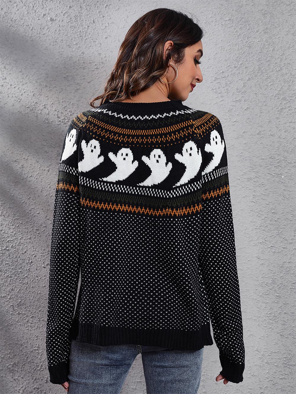 Women's Halloween Ghost Vintage Polka Dot Long Sleeve Knit Sweater | NCS