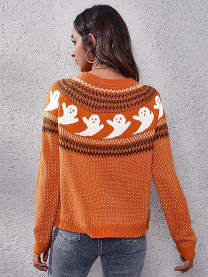 Women's Halloween Ghost Vintage Polka Dot Long Sleeve Knit Sweater | NCS