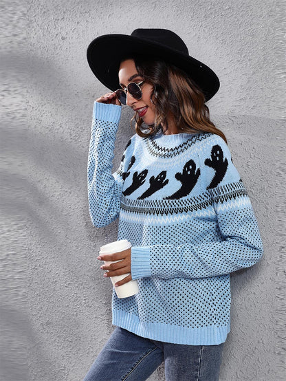 Women's Halloween Ghost Vintage Polka Dot Long Sleeve Knit Sweater | NCS