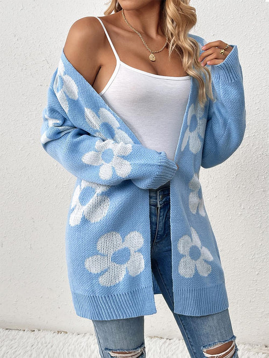 Women's Mid-Length Floral V-Neck Long Sleeve Knit Cardigan | NCS