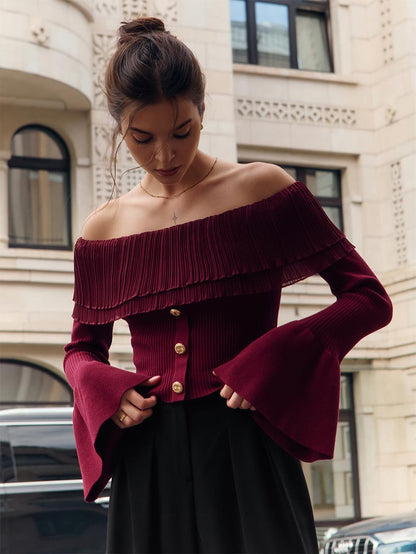 Women's Off-Shoulder Buttoned Slim Fit Knit Sweater | NCS