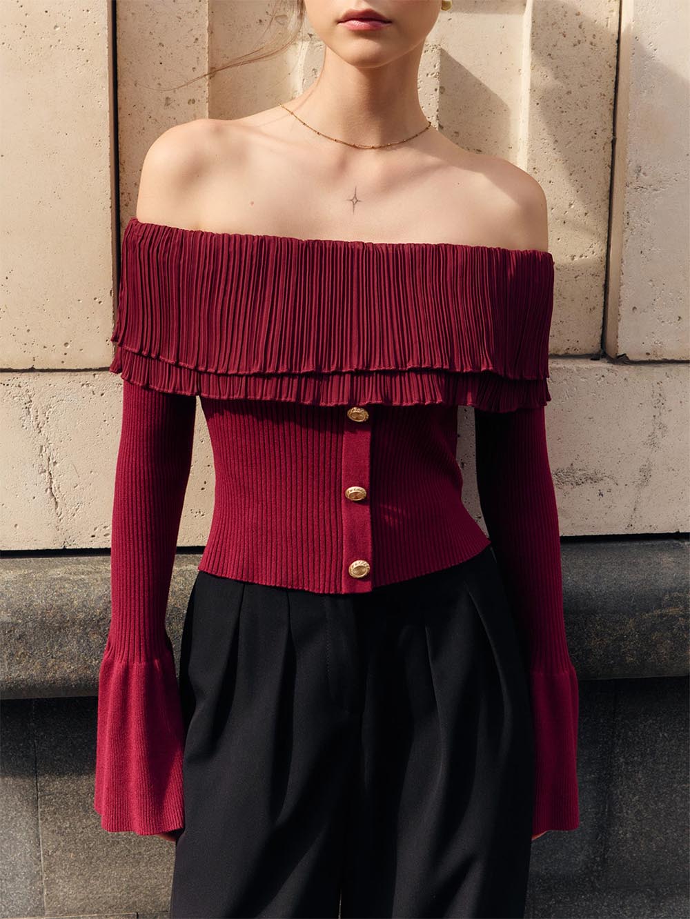 Women's Off-Shoulder Buttoned Slim Fit Knit Sweater | NCS