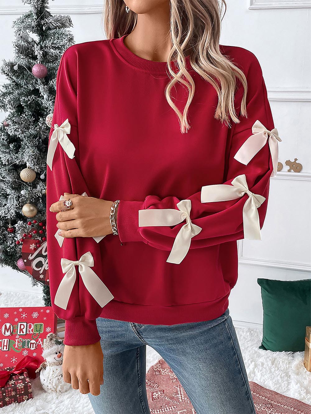 Women's Red Sweatshirt with Bow Decoration | NCS