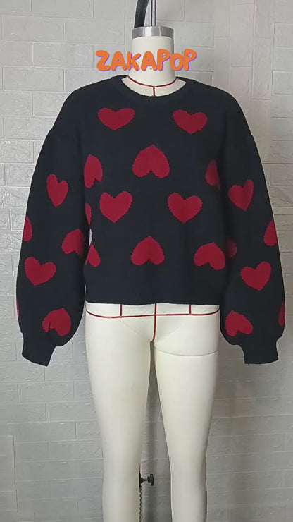 Kawaii Heart Pattern Puff Sleeves Sweater | NCS